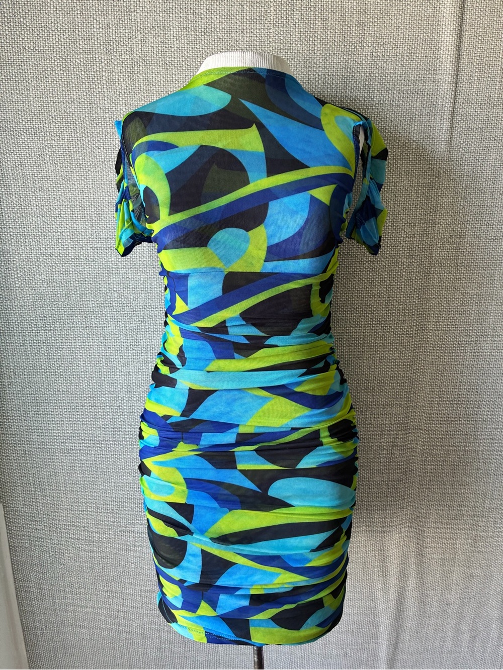 Ruched Bodycon Dress in Blue & Green Abstract Print